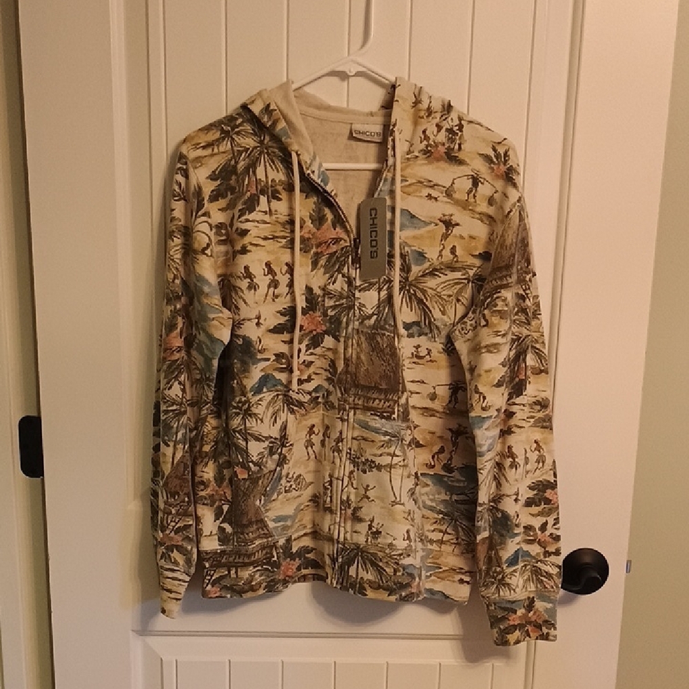 Woman's SIZE 1 Chico's Island Living Beach Scene Print Jacket